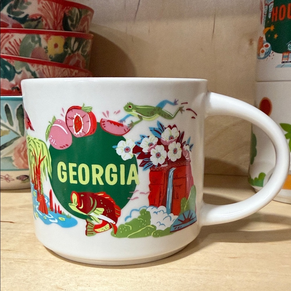Georgia State Ceramic Mug - White with Green and Red Accent Artwork
